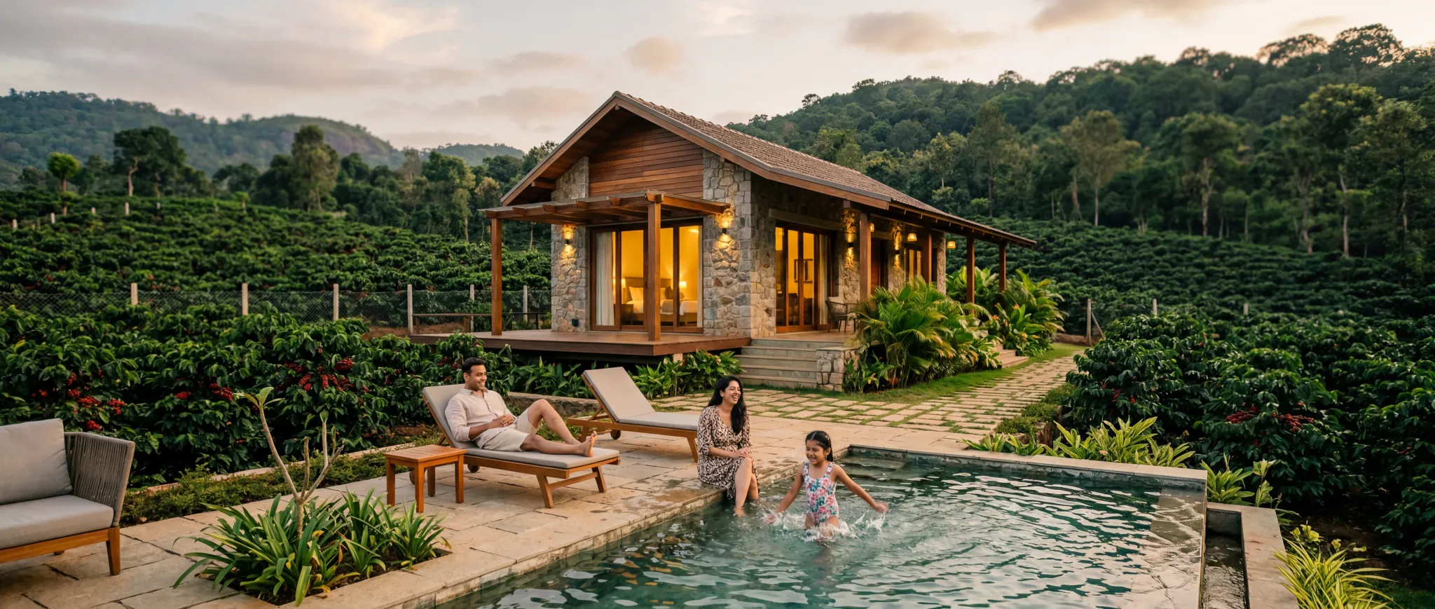 Family at a coffee estate cottage in the Chikmagalur hills