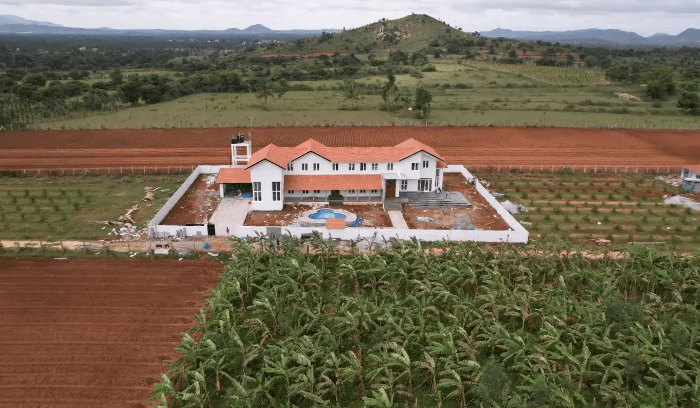 Aerial view of managed farmland estate in Karnataka